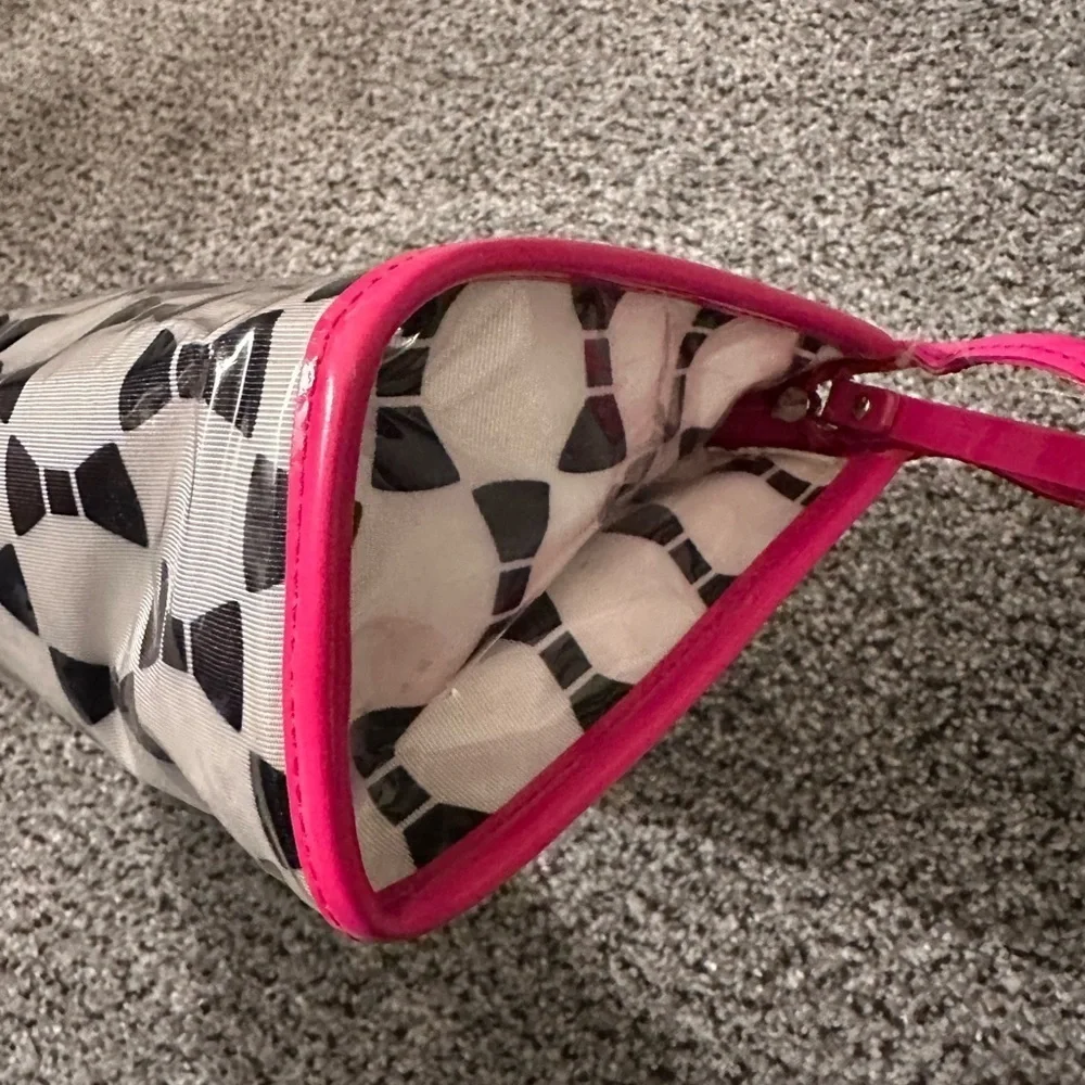 KATE SPADE Colin Makeup Bag Plastic Coating Hot Pink Black Bows White Zip